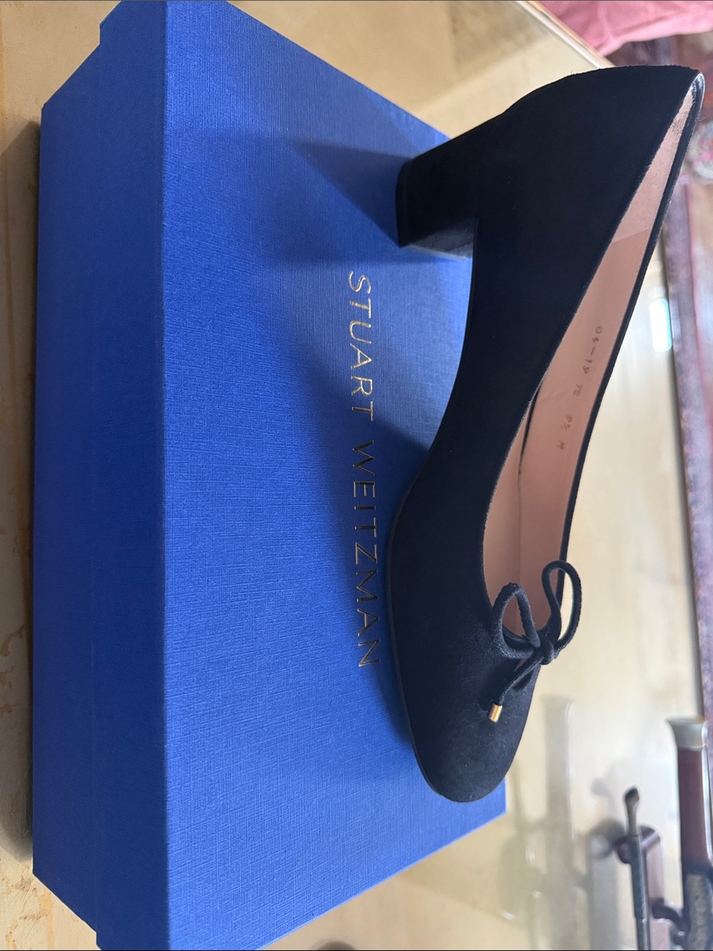 Stuart Weitzman Black Suede Bow Block Heel Pump
